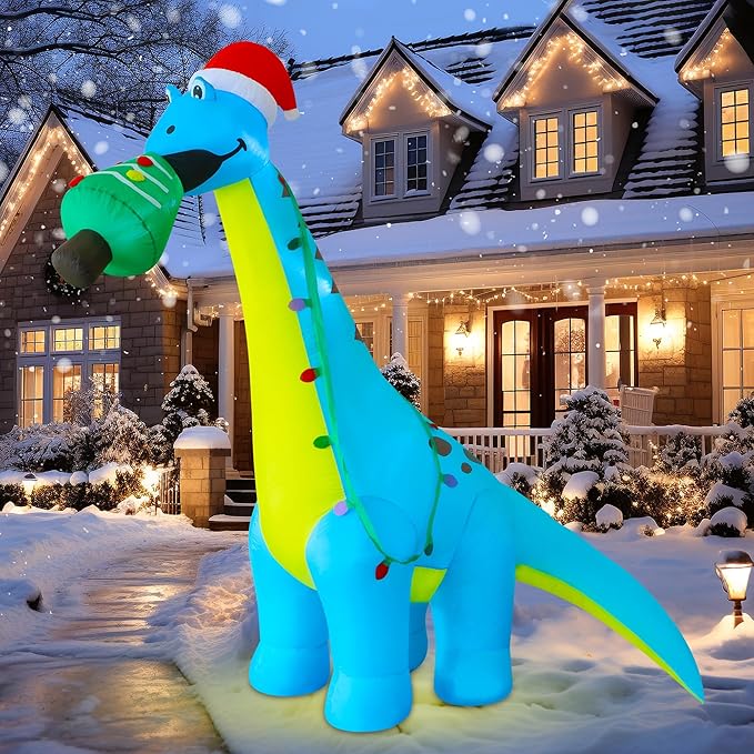 DR.DUDU 12 FT Christmas Inflatable Outdoor Decorations, Large Blow Up Dinosaur Inflatables with Santa Hat Christmas Tree Light up Giant Xmas Holiday Decor for Yard Lawn Garden Outside