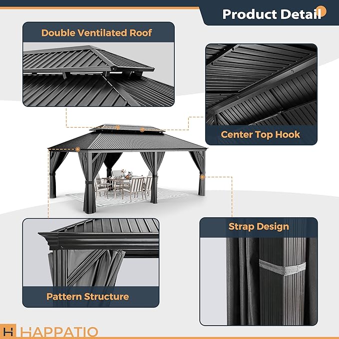 HAPPATIO 12' x 20' Hardtop Gazebo, Outdoor Aluminum Frame Gazebo with Galvanized Steel, Double Roof Permanent Patio Metal Canopy with Netting and Curtains for Backyard, Patio, Deck (Gray)