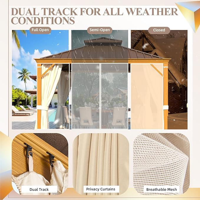 YOLENY 12' x 12' Hardtop Gazebo, Wood Grain Aluminum Frame Canopy with Galvanized Steel Double Roof, Outdoor Patio Gazebo with Netting and Curtains for Backyard, Patio, Lawns