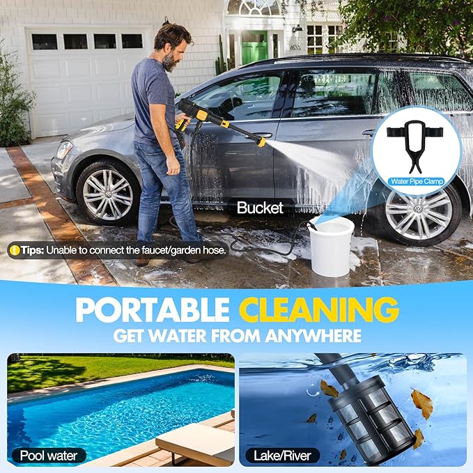Cordless Pressure Washer, 600PSI Portable Power Washer with 6-in-1 Nozzle & Foam Cannon, 21V Battery Powered Cordless High Pressure Washer Gun, Handheld Pressure Washers for Car, Patio, Home