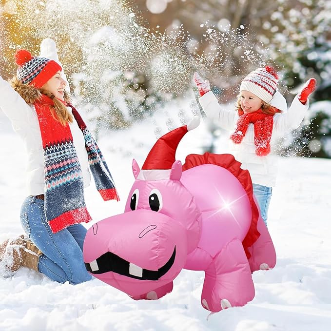 Christmas Inflatable Hippo 3.5ft Outdoor Decoration, Blow up Cute Pink Hippopotamus in Santa Hat and Red Dress with LED Lights, Suitable for Lawn Garden Party Holiday Easter Spring Decoration
