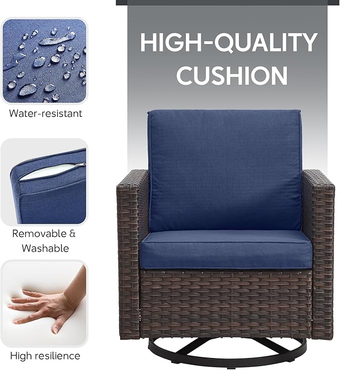 6 Piece Wicker Patio Furniture Set - Outdoor Swivel Rocker Chairs Set with Side Table, 3 Seat Sofa and Ottomans, Small Patio Conversation Sets Proch Furniture for Balcony Deck - Brown/Blue