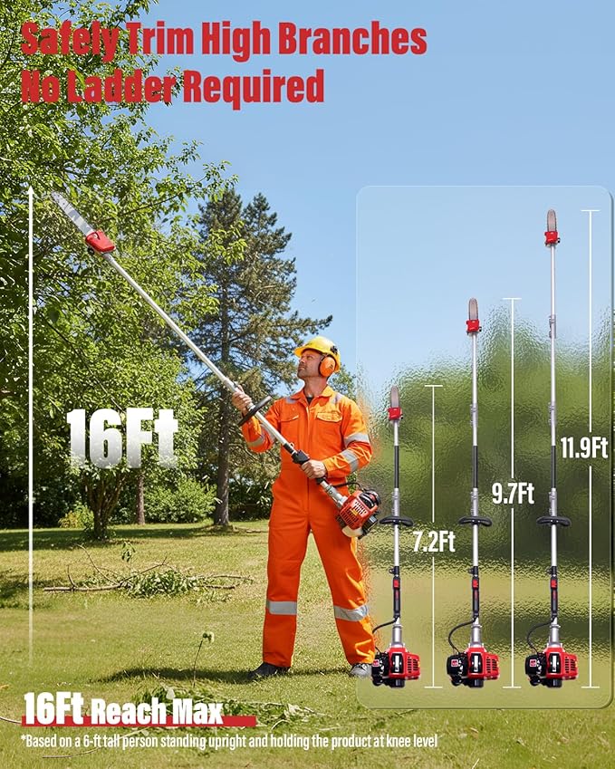 48CC Gas Powered Pole Saw 16FT Lightweight with Auto Lubrication, Safety Lock, and Quick Stop for Easy Tree Trimming (GZJ-005)
