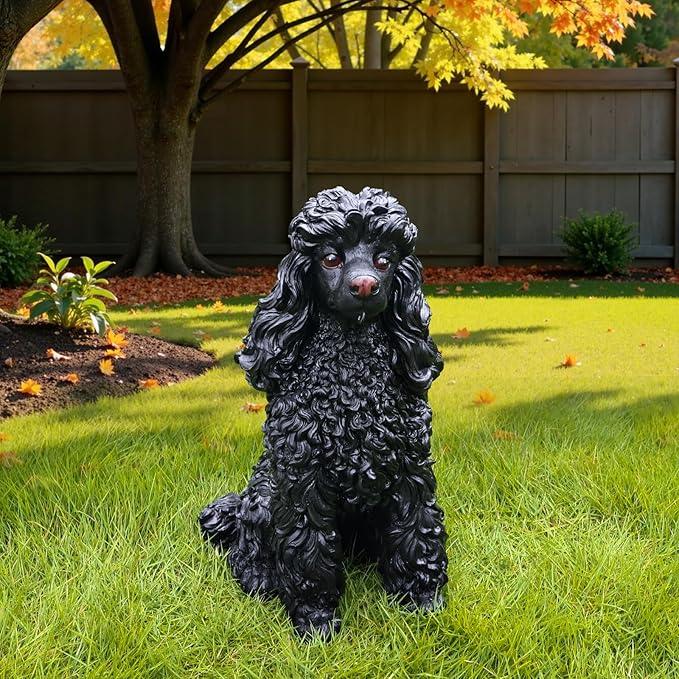 Porch Greeter Dog Statue with Flip-Over “Welcome/ON Patrol” Hanging Plaque and Solar Walkway Lantern, Black Sitting Poodle Yard Accent