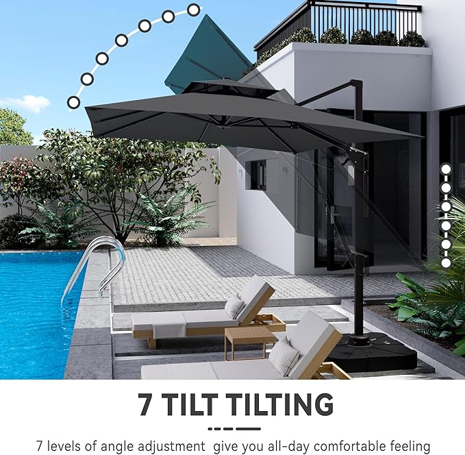 10x13 FT Cantilever Patio Umbrella Double Top Outdoor Rectangular Large Heavy Duty Aluminum Offset Umbrellas with 7 Level Tilt 360-degree Rotation for Pool Garden Deck, Grey