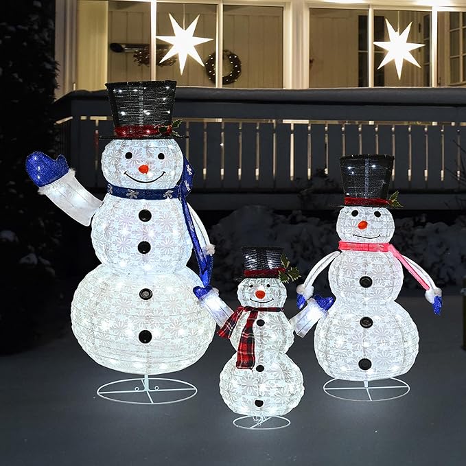 3 Piece Pre-lit Christmas Snowman Family, 270 LED 3D 2ft+3ft+5ft Lighted Snowman for Outdoor Indoor Xmas Decorations