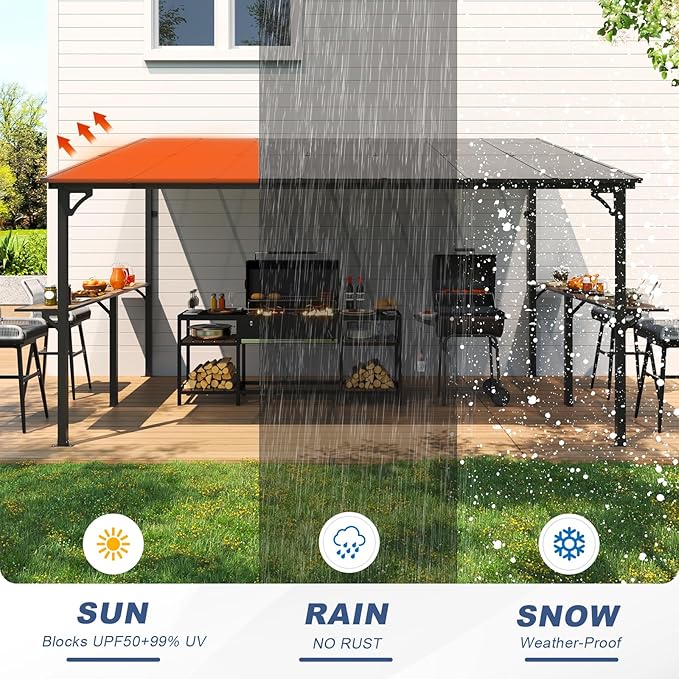 MEISSALIVVE 10' x 14' Wall Mounted Gazebo, Outdoor BBQ Grill Gazebo with Side Shelf, Lean to Metal Awnings with Sloped Roof, Heavy Duty Pergola for Backyard, Deck, Black