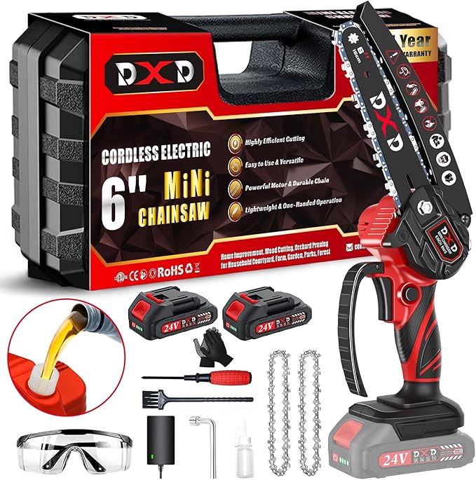 Handheld Mini Cordless Electric Chainsaw with Battery&Gas Powered Option,6-Inch chainsaw&Pruning Attachment Bar Oil Jug, Safety Gloves, Chainsaw Chain & Caseightweiaht for Tree Trimming. Wood Cutting
