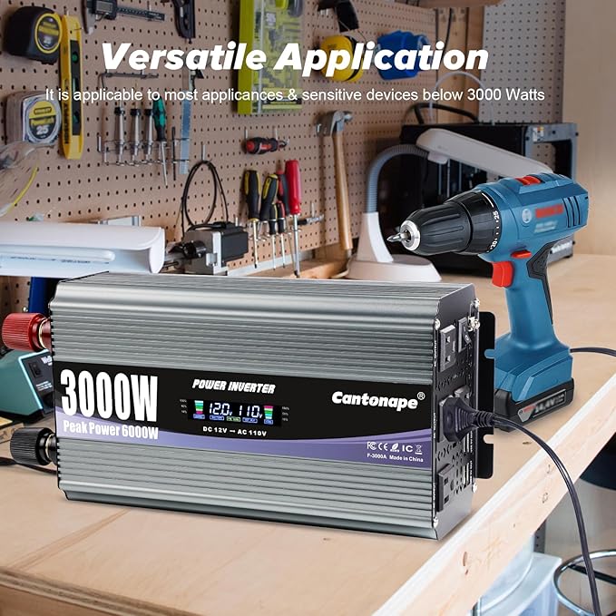 3000W Power Inverter 12V to 110V/120V DC to AC with LCD Display, Remote Controller and 4 x AC Outlets Car Adapter for Car Truck Boat RV Off Grid Solar System