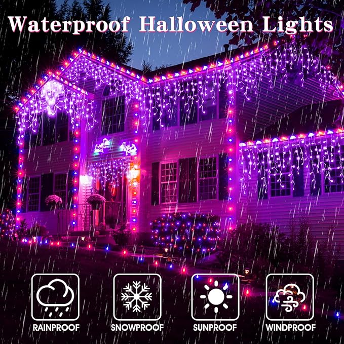 YiYLunneo Halloween Icicle Lights Outdoor, 512 LED 46.5 FT 8 Lighting Modes with Timer & Memory, Curtain Fairy String Lights with 96 Drops for Halloween Decorations Holiday Party Eaves Yard (Purple)