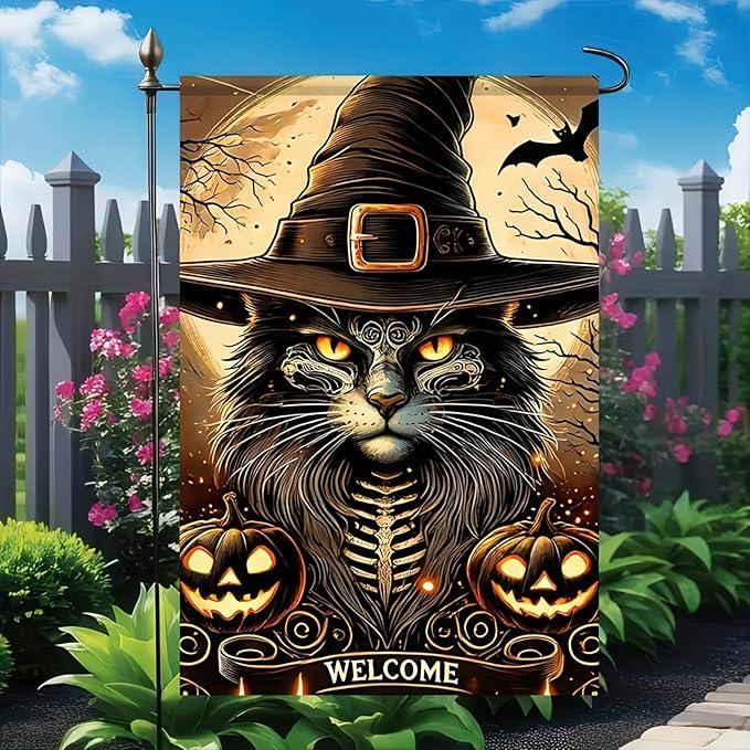 Halloween Garden Flag - Cat Witch Hat, 12x18 Inch Double-Sided Vertical Fall Holiday Outdoor Decorative Flag for Porch, Lawn, Garden
