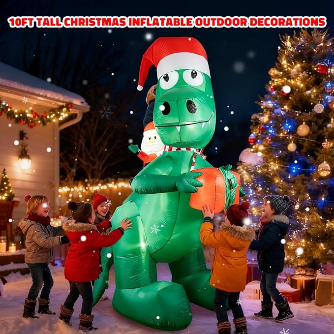 HFO 10ft Tall Christmas Inflatable Outdoor Decorations, Blow up Yard Decor with Santa Claus Rides a Dinosaur to Deliver Gifts, Bright LED Lights Christmas Outdoor Decorations