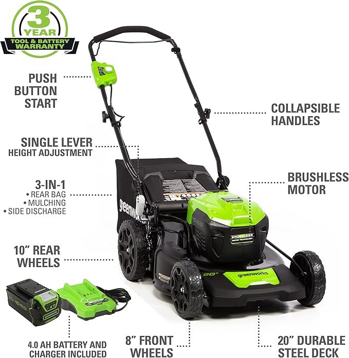 Greenworks 40V 20" Cordless Lawn Mower (Push), Axial Leaf Blower (500 CFM / 120 MPH),12" String Trimmer with 2 Batteries(5Ah+2Ah) and Chargers