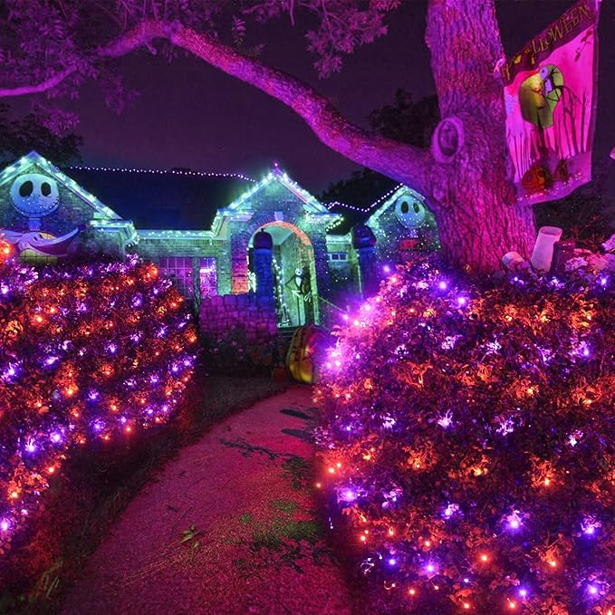 Halloween Net Lights Outdoor Decoration, 14.8x4.9 ft 300LED Orange Purple Halloween Lights 8 Modes Connectable Twinkle Fairy Mesh Light for Bushes Tree Party Yard Garden Decoration