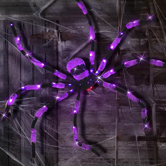 Giant Spider Halloween Decorations, 60” Big Black Lighted Halloween Spider with Red Eyes 56 LED Purple Lights Timer for Spiderweb Indoor Outdoor Yard Party Haunted House Decoration