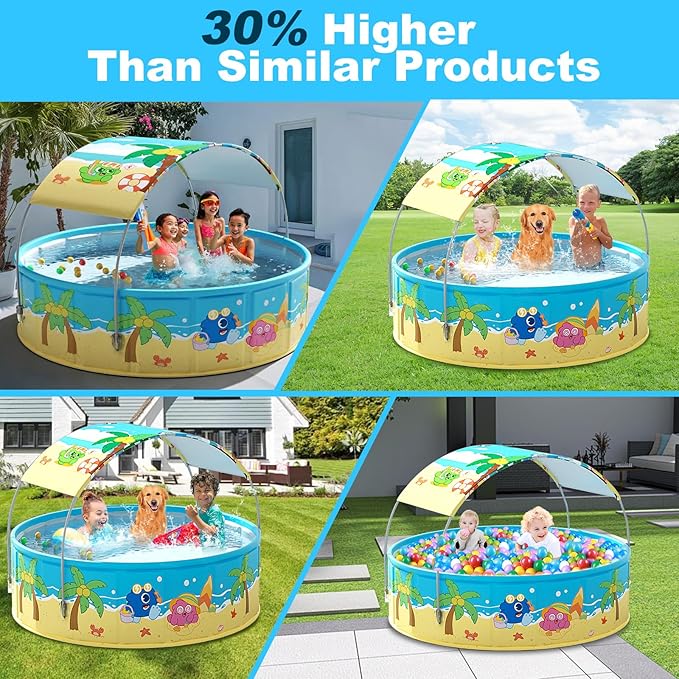 Foldable Swimming Pool with Canopy for Kids 63"x18" Hard Plastic Portable Dog Pool Anti-Slip Collapsible Pets Bathtub Kiddie Pool Indoor Outdoor Backyard (JellieMons 63'')