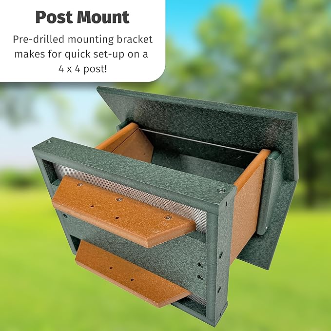 DutchCrafters Poly Large Hopper Bird Feeder Post Mount for 4" x 4", Wild Songbird Bird Seed Feeder for Outdoor, Outside, Garden, Yard - Amish Made in USA (Post Mount, Turf Green & Cedar)
