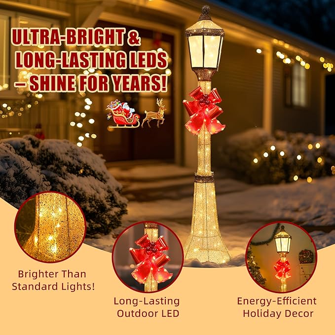 60-Inch Outdoor Christmas Decorations Outdoor Lighted Lamp Post 3D Lamppost LED Lighted Post Christmas Decoration with 128 LED Lights & Bow Holiday Decorations for Yard, Porch, Patio