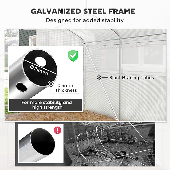 Outsunny 13' x 10' x 6.5' Hoop House Greenhouse with Large Windows and Zippered Door, Large Walk-in Tunnel Green House with Upgraded Galvanized Steel Frame, PE Cover, Gardening Plant Hot House, White