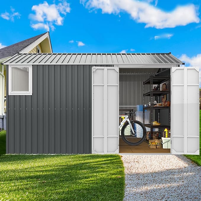CHERY INDUSTRIAL.COM 8x12FT Outdoor Storage Shed Garden Shed Bike Storage Tool Shed with Metal Frame & Lockable Door for Patio Storage Lawn Mower Chicken Coop,Gray (Floor Base)