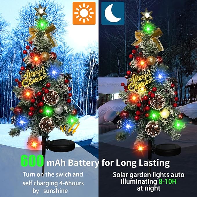 Solar Christmas Tree Outdoor Christmas Decorations,2 Pack 40 Led Light 2 Modes Outdoor Waterproof,Solar Powered XmasTree for Garden Yard Pathway Lawn Cemetery Decoration