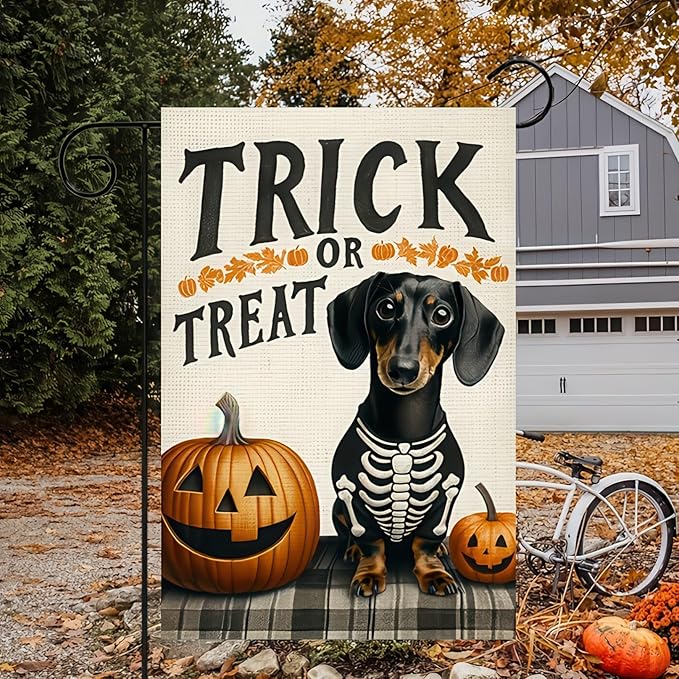 Halloween Garden Flag - Ghost Dog Trick or Treat 12x18 Double Sided Dachshund Flag for Home Yard Outdoor Skeleton Decorations