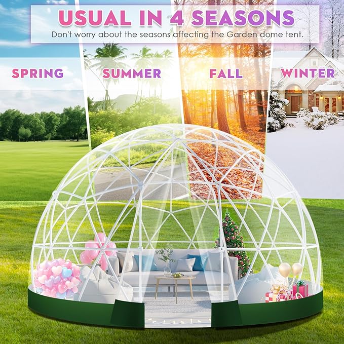 12FT Garden Dome Tent, Geodesic Dome Greenhouse with PVC Clear Cover, Waterproof Garden Bubble Dome Tent House with 2 x 10M Light Strings for Outdoor, Patio, Backyard, Party (Green Edge, 10FT/3M)