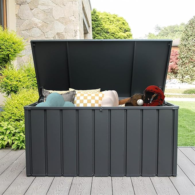 LANTRO JS 150 Gallon Metal Deck Box, Outdoor Storage Box Waterproof with Wheels, Lockable Storage Container for Patio Furniture Cushions Garden Tools, Dark Gray