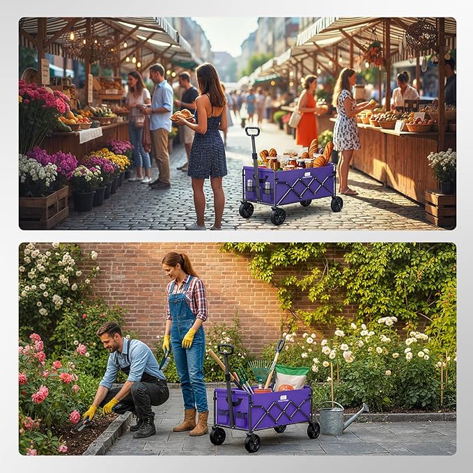 Collapsible Foldable Wagon, Foldig Cart with Wheel Heavy Duty with 180lbs Weight Capacity Lightweight Utility Camping Wagon for Groceries Garden Beach Sports Fishing(Violet)
