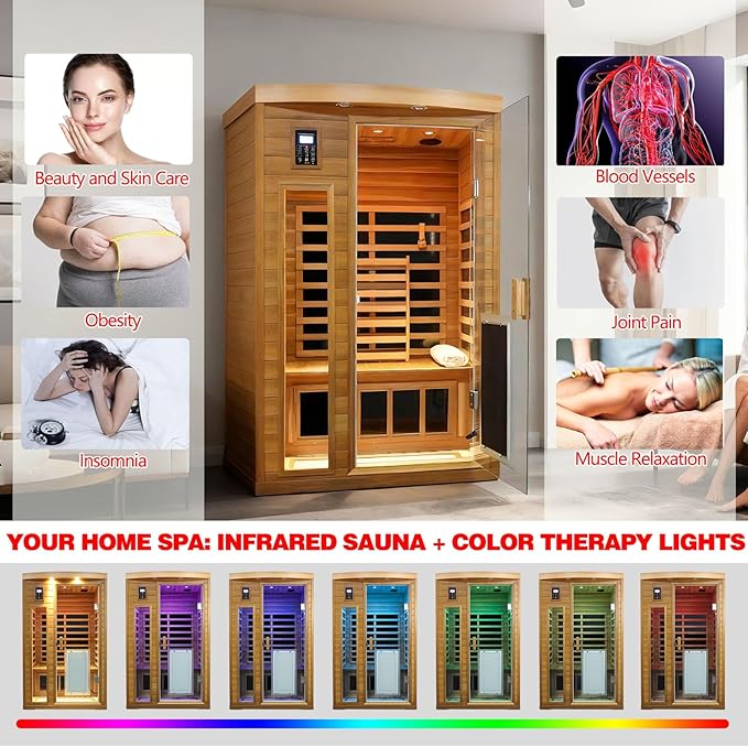 2 Person Infrared Sauna for Home, Red Cedar Ultra Low EMF (0-1mG) Far Infrared Sauna, 1750W Indoor Wooden Saunas Room with Bluetooth Speakers, Chromotherapy Lights & Door Heated Panels