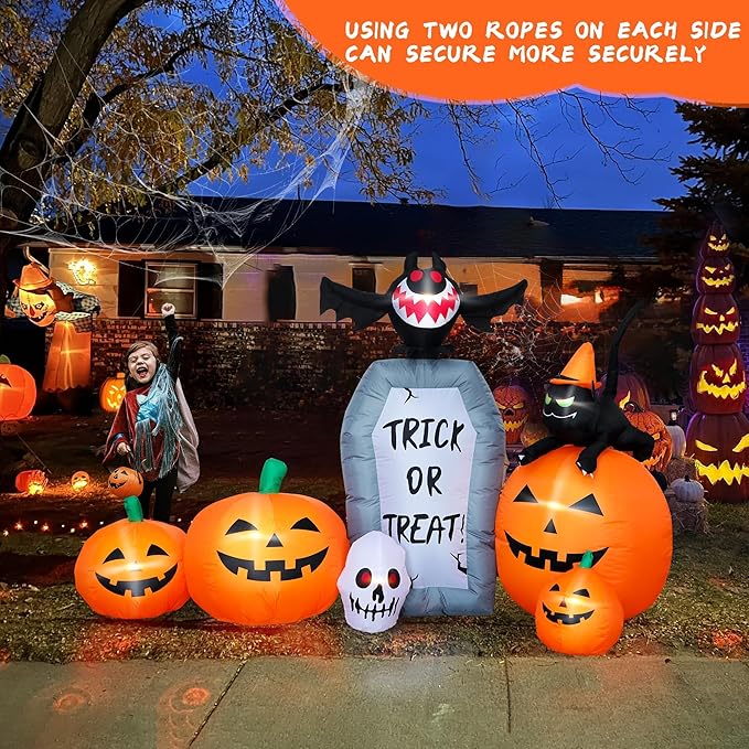7FT Long Halloween Inflatable Pumpkin Patch with Tombstone & Black Cat & Bat, Blow up Halloween Inflatable with Build-in LED Lights Outdoor Decorations Large Party Yard Decoration