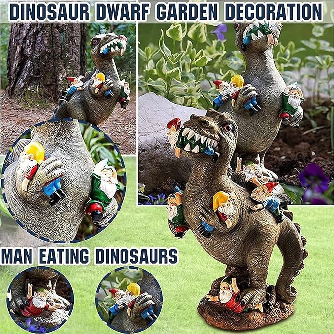 M.A.K Dinosaur Eating Gnomes Garden Decor, Art for Garden Decor, Outdoor Statue for Patio, Lawn, Yard Art Decoration, Housewarming Garden Gift