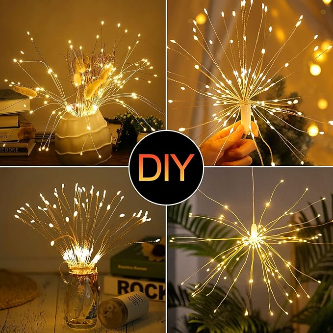 4 Pack String Lights - 225 LED 8 Modes Dimmable with Remote Control, Waterproof Copper Wire Decorative Hanging Bursting Star Lights for Party, Patio, Garden Decoration (Warm White)