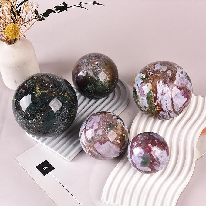 JIC Gem Natural Ocean Jasper Crystal Sphere with Wooden Stand Decorative Crystal Ball Healing Gemstone Sphere for Meditation,Feng Shui,Witch-Style Decor,Table 80-90mm