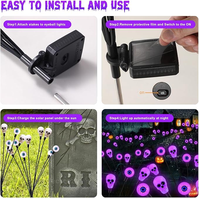 Solar Lights Outdoor,Halloween Decorations Outdoor, Scary Eyeball Lights,4PACKS 32LED,IP65 Waterproof,Halloween Decor for Garden/Yard/Patio/Lawn/Pathway(Purple)