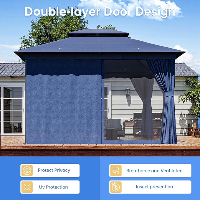 Outdoor Gazebo Metal Frame Patio Pergola Double Roofs Patio Canopy with Double-Layer Door and Mosquito Netting for Deck, Backyard, Lawn (Blue, 10x12FT)
