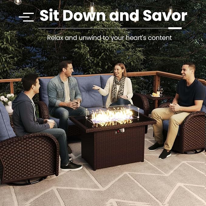 7 Pieces Patio Furniture Sets with Fire Pit Table, Wicker Rattan High Back Outdoor Swivel Rocking Chairs Set with Side Table