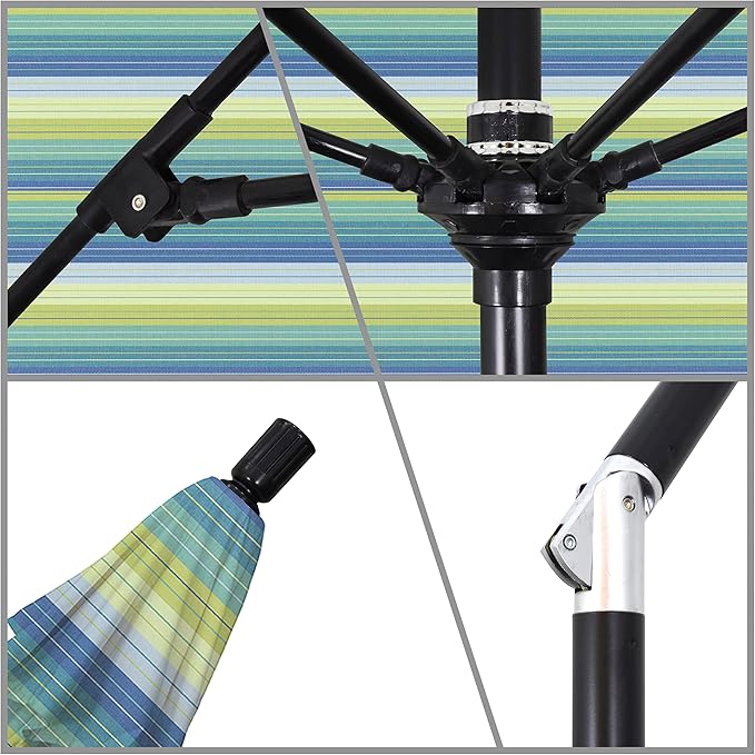 California Umbrella 9' Round Aluminum Pole Fiberglass Rib Market Umbrella, Crank Lift, Collar Tilt, Black Pole, Sunbrella Spectrum Mist