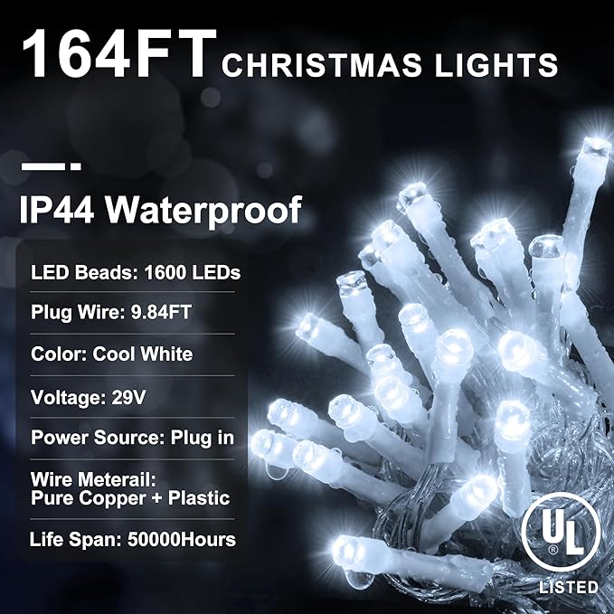 KNONEW 164FT 1600 LED Christmas Lights Outdoor Decoration White Timer 8Modes Hanging Fairy String Lights with 320 Drops, Plug in Waterproof Indoor Decor for Holiday Wedding Party Window Garden
