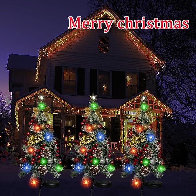 Solar Christmas Tree Outdoor Christmas Decorations,2 Pack 40 Led Light 2 Modes Outdoor Waterproof,Solar Powered XmasTree for Garden Yard Pathway Lawn Cemetery Decoration