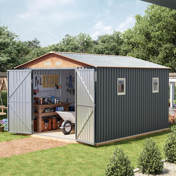 10x12x7.4FT Multi-Used Shed & Outdoor Storage Shed with Lockable Doors, Windows and Vents, Extra Large Metal Tool Shed for Garden, Backyard, Patio, Utility, and Various Storage Shed(Matte Gray)
