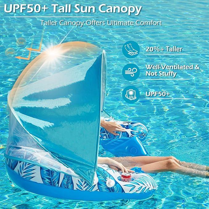 Jasonwell Pool Float with Canopy - Inflatable Pool Floaties Adult Floating Pool Chair Lounge Floats for Swimming Pool Water Chair Pool Lounger with Cup Holders Pool Toy Party Floaty for Adults