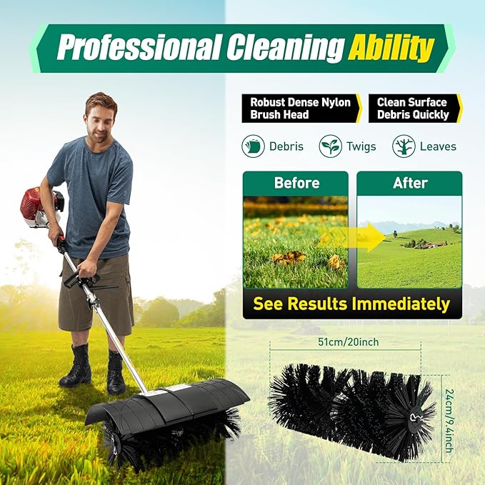 Gas Grass Sweeper, 52CC Grass Handheld Sweeper 2-Stroke Gas Powered Broom Walk Behind Sweeper, Outdoor Cordless Hand Held Broom Turf Brush Cleaning Driveway Tools for Lawn Garden