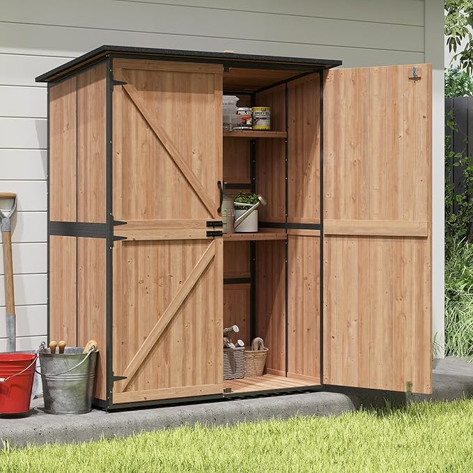 Outdoor Storage Shed with Floor, Waterproof Storage Cabinet with Metal Frame, Adjustable Shelves, Garden Shed for Backyard Garden Patio Lawn - Light Brown
