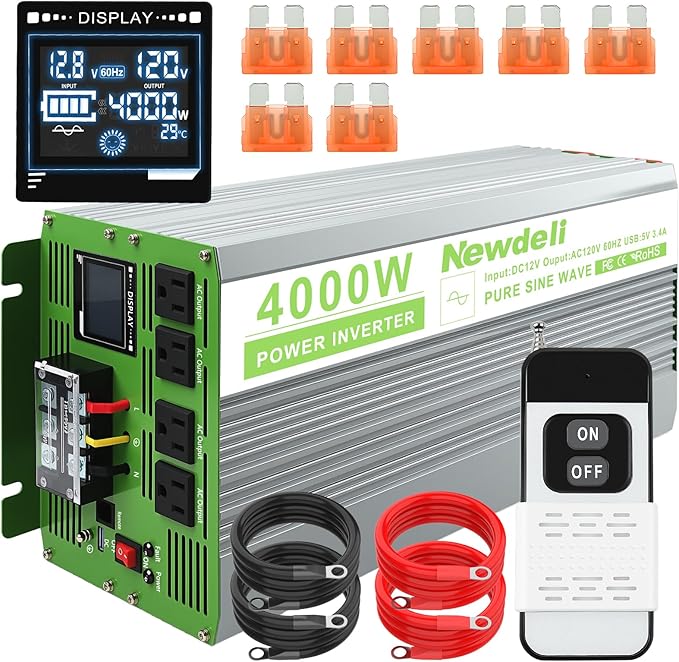 Newdeli 4000 Watt Power Inverter 12V DC to 110V 120V AC Pure Sine Wave Inverter with LCD Display, Remote Controller, 4 AC Outlets and 5V 3.4A USB Port for Vehicles Car Truck RV Solar System Home
