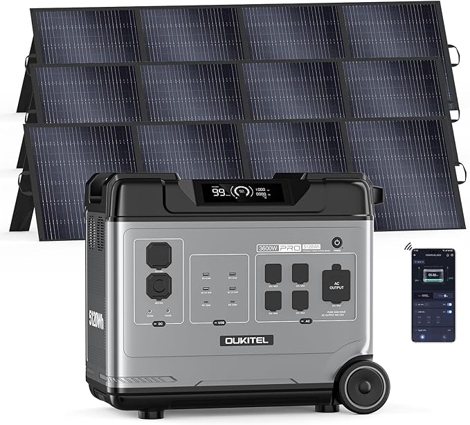 OUKITEL P5000 Pro 3600W Solar Generator with 3x200W Panel, 5120Wh Solar power station with 5 AC Outlets (6000W Peak), 1800W Fast Charging, Emergency Battery Backup for Home, Camping & RVs
