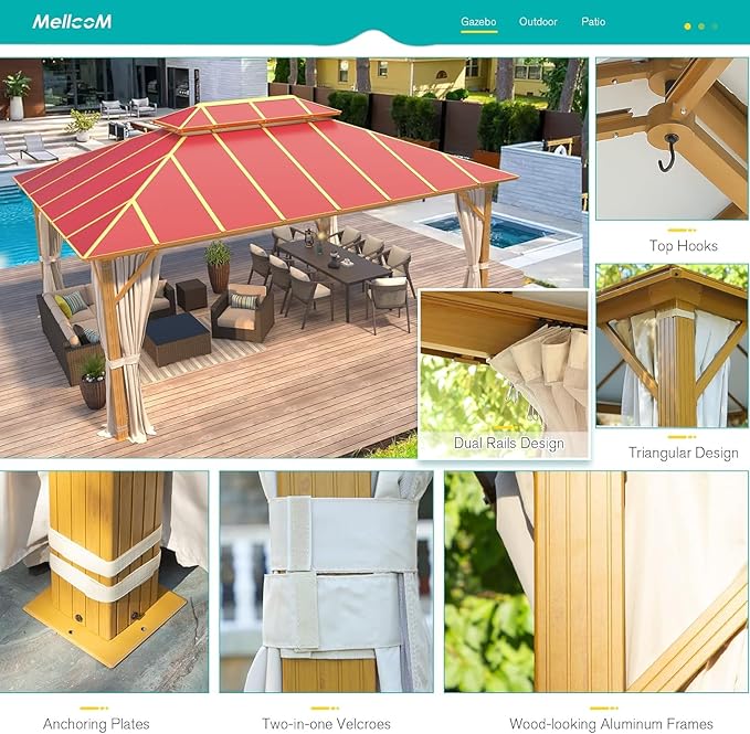 MELLCOM 12' x 16' Hardtop Gazebo, Wooden Finish Coated Aluminum Frame Outdoor Gazebos with Aluminum Double Roof, Claret Metal Gazebo with Curtains and Nettings for Patios, Gardens, Lawns