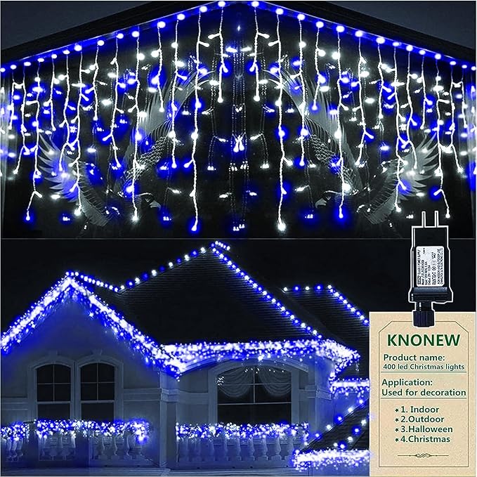 KNONEW Christmas Lights Outdoor Decorations 400 LED 33ft Curtain Fairy String Light with 75 Drops(Blue and White)