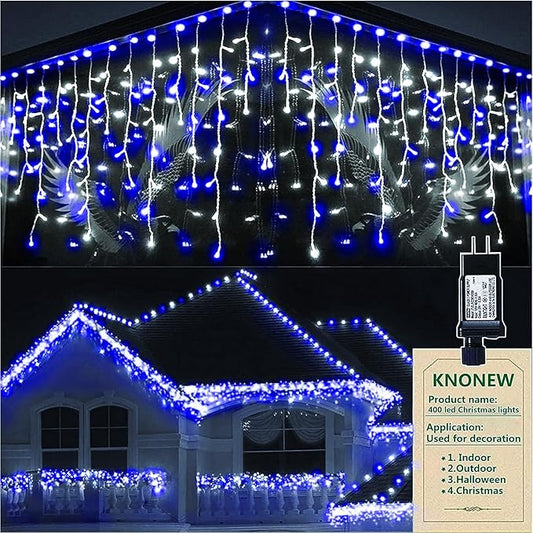 KNONEW Christmas Lights Outdoor Decorations 400 LED 33ft Curtain Fairy String Light with 75 Drops(Blue and White)