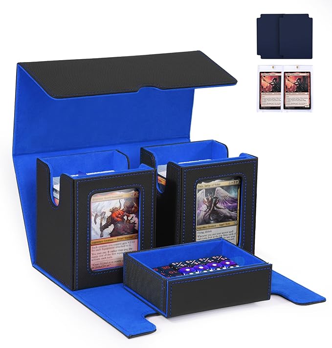Trading Card Deck Box with Commander Display，3 in 1 MTG Storage Holds 200 Double-Sleeved Cards，2 Deck Boxes & Dice Tray Included，Fits MTG, TCG, PTCG & Sports Cards